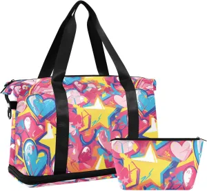 Graffiti art hearts stars sweet Duffel Bags Weekender/Overnight Duffel Gym Sports Duffel Bag with Toiletry Bag for Hiking Large Capacity