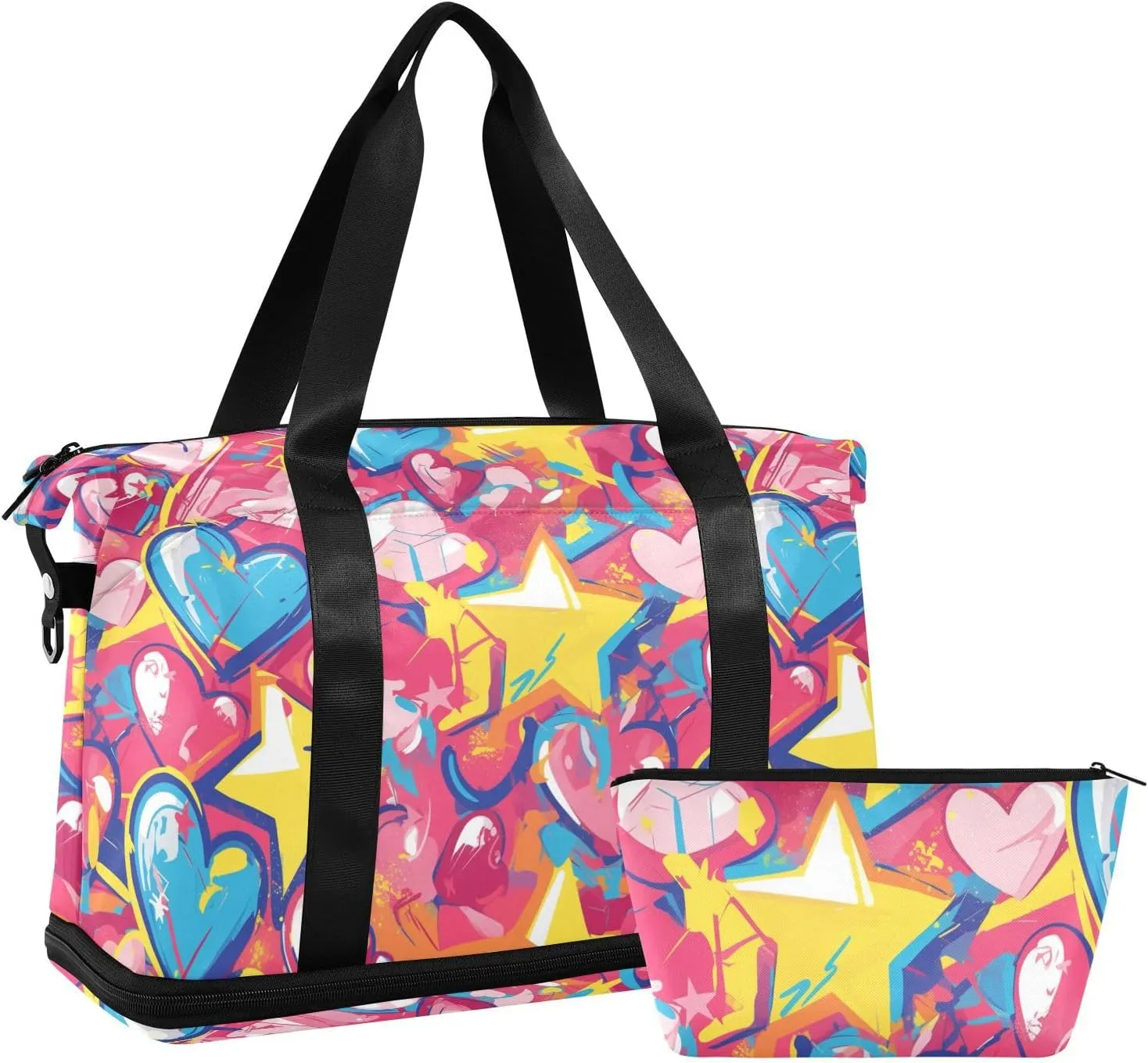Graffiti art hearts stars sweet Duffel Bags Weekender/Overnight Duffel Gym Sports Duffel Bag with Toiletry Bag for Hiking Large Capacity