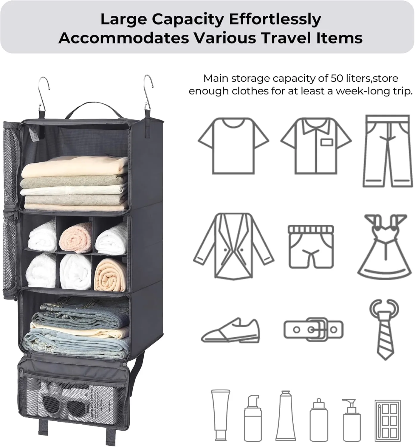 GRANNY SAYS Compression Packing Cubes for Travel, Extra Large Hanging Luggage Organizer, 3-Shelf Foldable Hanging Travel Shelves with 2 Hooks and Window, Packing Cubes for Carry on Suitcase Organizer