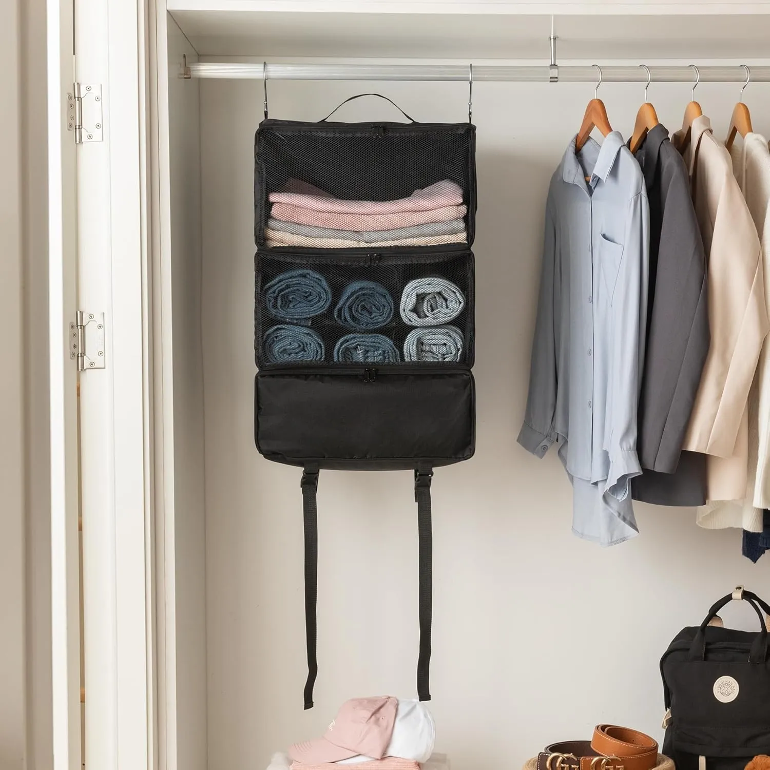 GRANNY SAYS Compression Packing Cubes for Travel, Extra Large Hanging Luggage Organizer, 3-Shelf Foldable Hanging Travel Shelves with 2 Hooks and Window, Packing Cubes for Carry on Suitcase Organizer