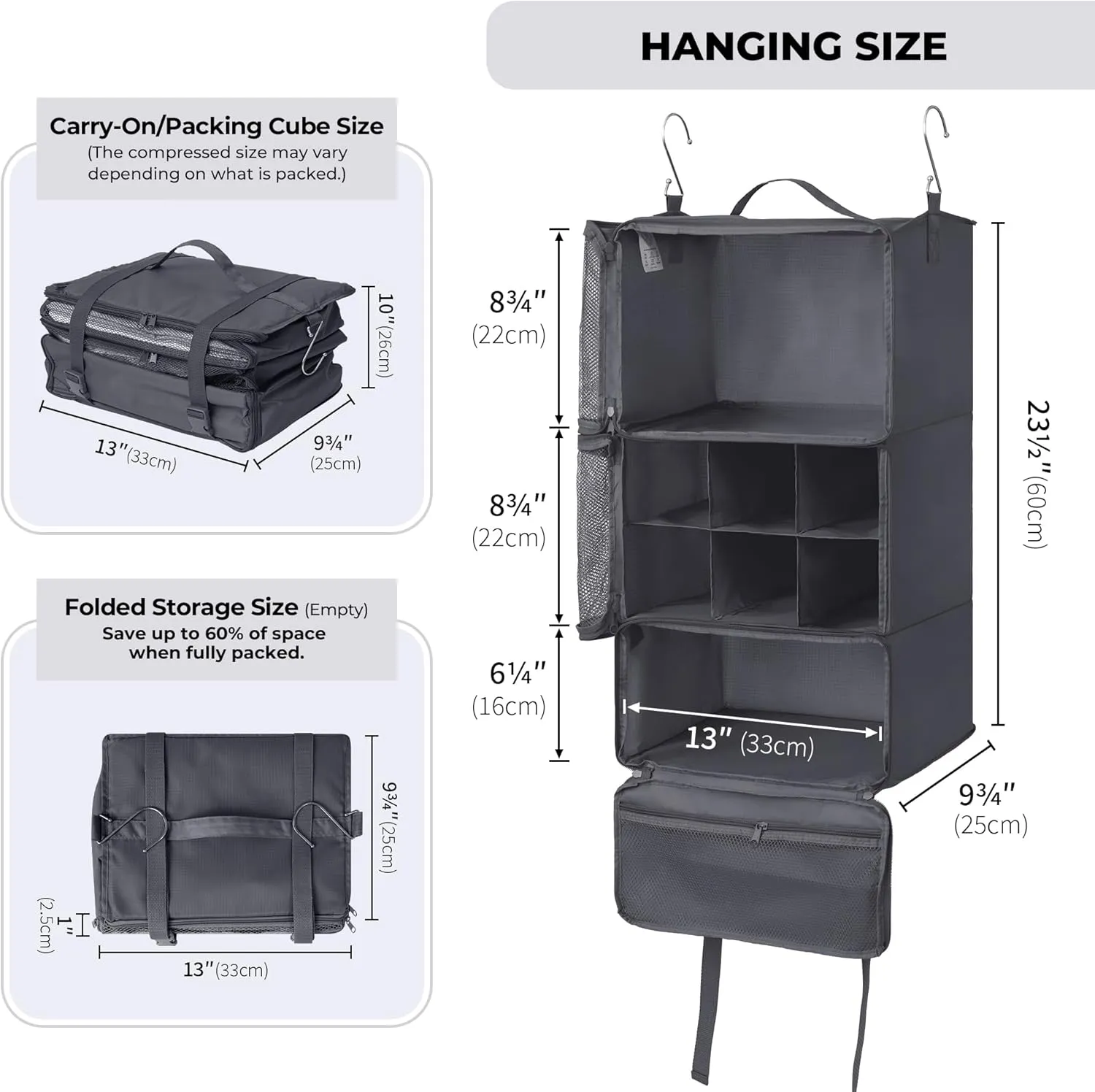 GRANNY SAYS Compression Packing Cubes for Travel, Extra Large Hanging Luggage Organizer, 3-Shelf Foldable Hanging Travel Shelves with 2 Hooks and Window, Packing Cubes for Carry on Suitcase Organizer