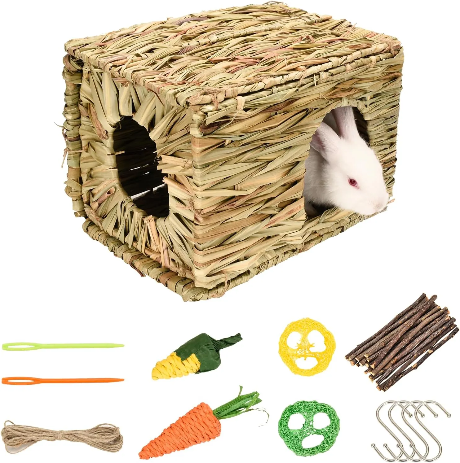 Grass House for Rabbits,Sangle Sopffy,Hand Woven Bunny Grass House,Rabbit Hideout,Natural Grass Hideaway for Bunny Guinea Pig Chinchilla Ferret Hamster Squirrel with Rabbit Chew Toys