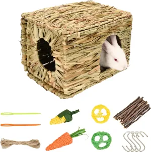 Grass House for Rabbits,Sangle Sopffy,Hand Woven Bunny Grass House,Rabbit Hideout,Natural Grass Hideaway for Bunny Guinea Pig Chinchilla Ferret Hamster Squirrel with Rabbit Chew Toys