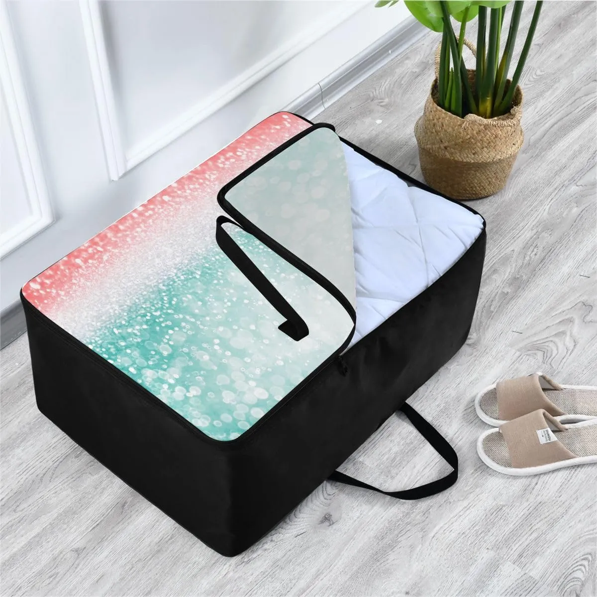 Green Glitter Pink Storage Bag Moving Storage Totes with Sturdy Zipper Storage Organizer for Clothes, Bedding, Comforter