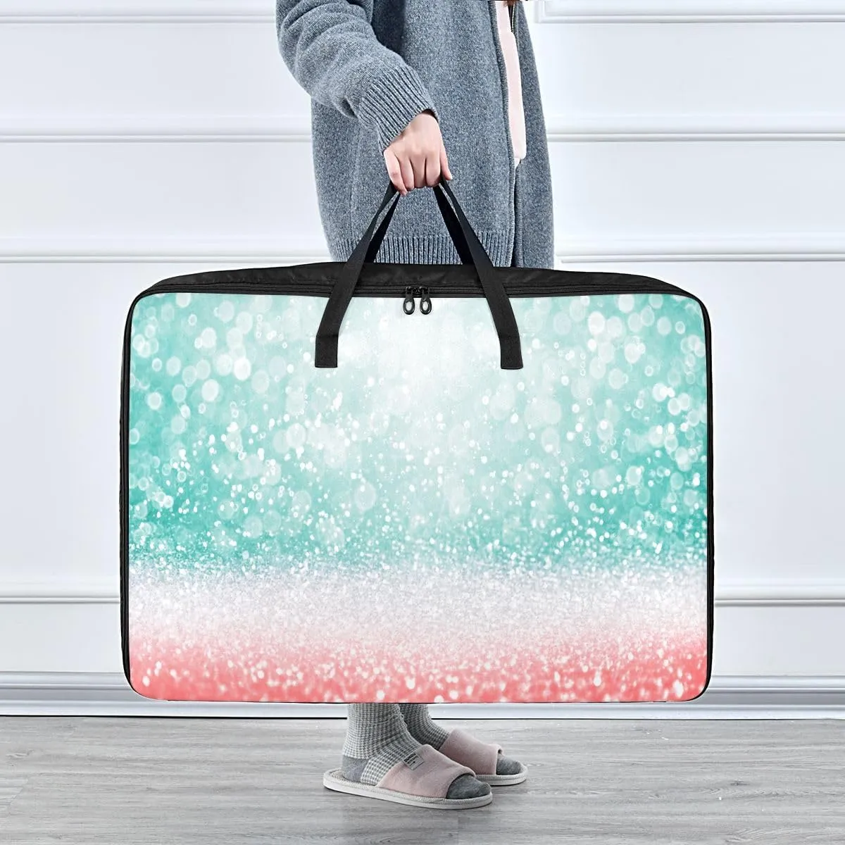 Green Glitter Pink Storage Bag Moving Storage Totes with Sturdy Zipper Storage Organizer for Clothes, Bedding, Comforter