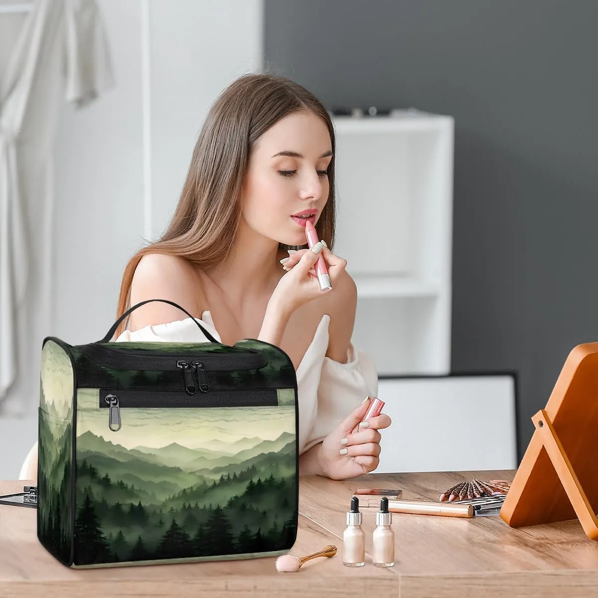 Green Misty Forest Travel Toiletry Bag for Men and Women, Large Hanging Makeup Bag Organizer Toiletries Bag for Travel, Cosmetic Bag with Handle