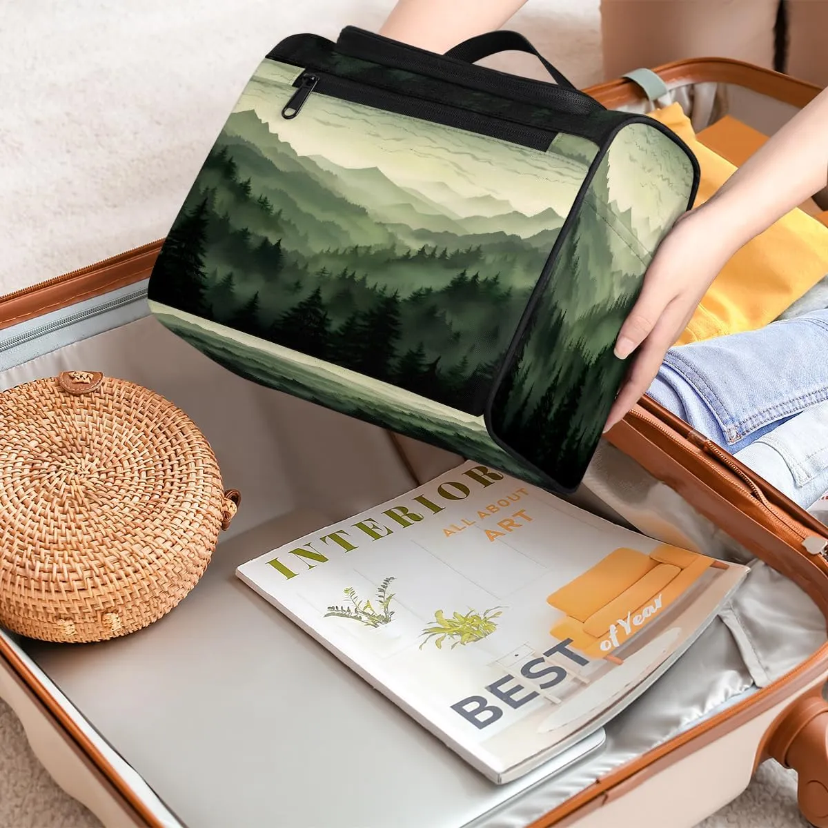 Green Misty Forest Travel Toiletry Bag for Men and Women, Large Hanging Makeup Bag Organizer Toiletries Bag for Travel, Cosmetic Bag with Handle