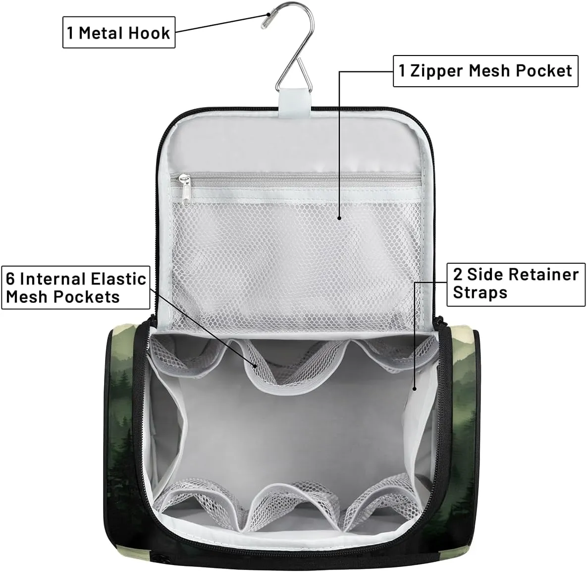 Green Misty Forest Travel Toiletry Bag for Men and Women, Large Hanging Makeup Bag Organizer Toiletries Bag for Travel, Cosmetic Bag with Handle