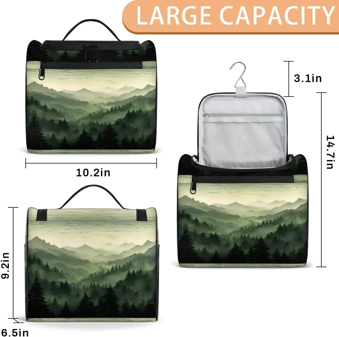 Green Misty Forest Travel Toiletry Bag for Men and Women, Large Hanging Makeup Bag Organizer Toiletries Bag for Travel, Cosmetic Bag with Handle
