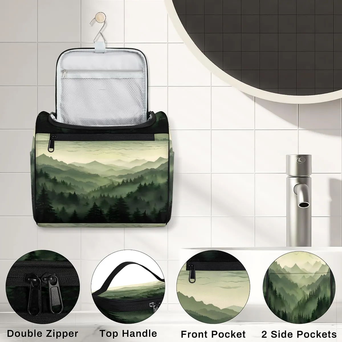Green Misty Forest Travel Toiletry Bag for Men and Women, Large Hanging Makeup Bag Organizer Toiletries Bag for Travel, Cosmetic Bag with Handle