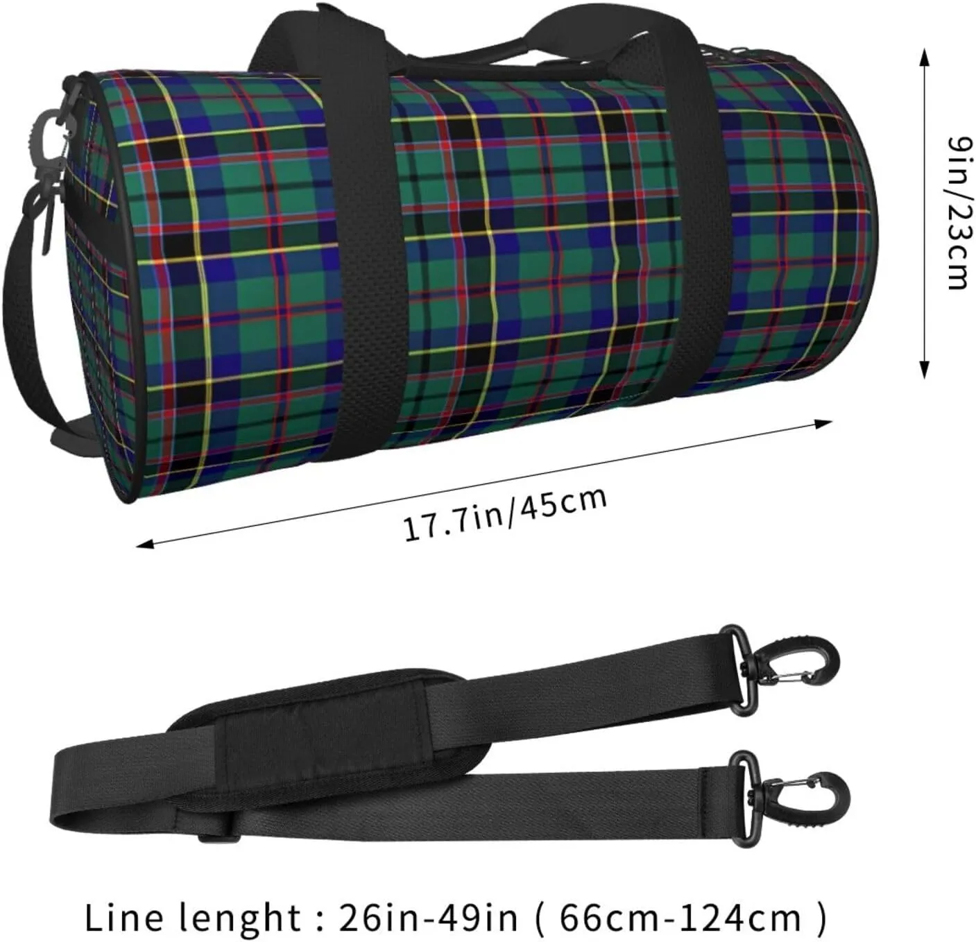 Green Tartan Round Travel Duffel Bag Large Capacity Gym Sports Bags for Hiking Vacation Trips