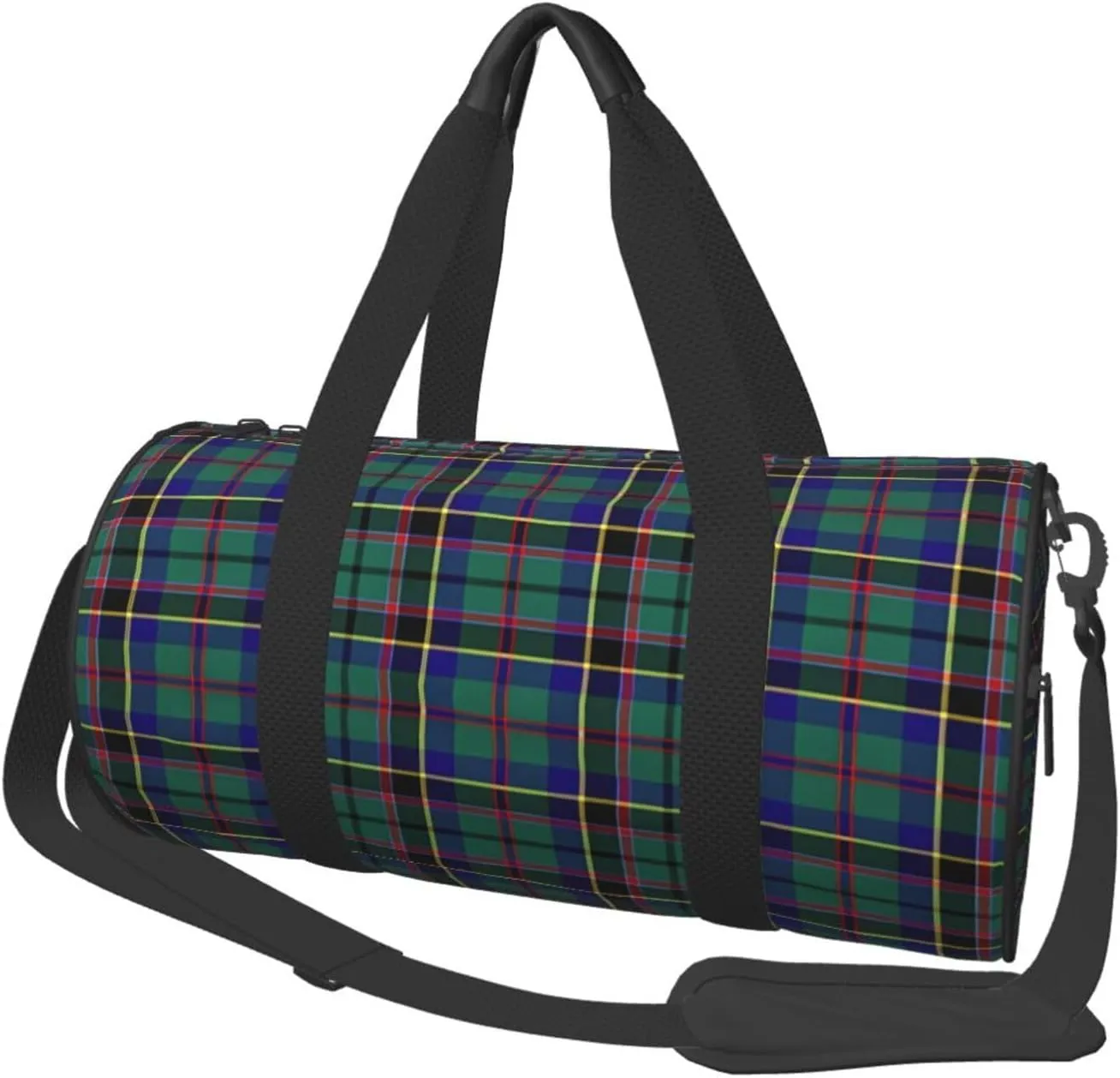 Green Tartan Round Travel Duffel Bag Large Capacity Gym Sports Bags for Hiking Vacation Trips