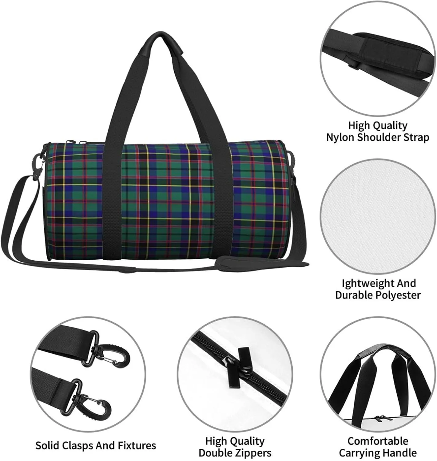 Green Tartan Round Travel Duffel Bag Large Capacity Gym Sports Bags for Hiking Vacation Trips