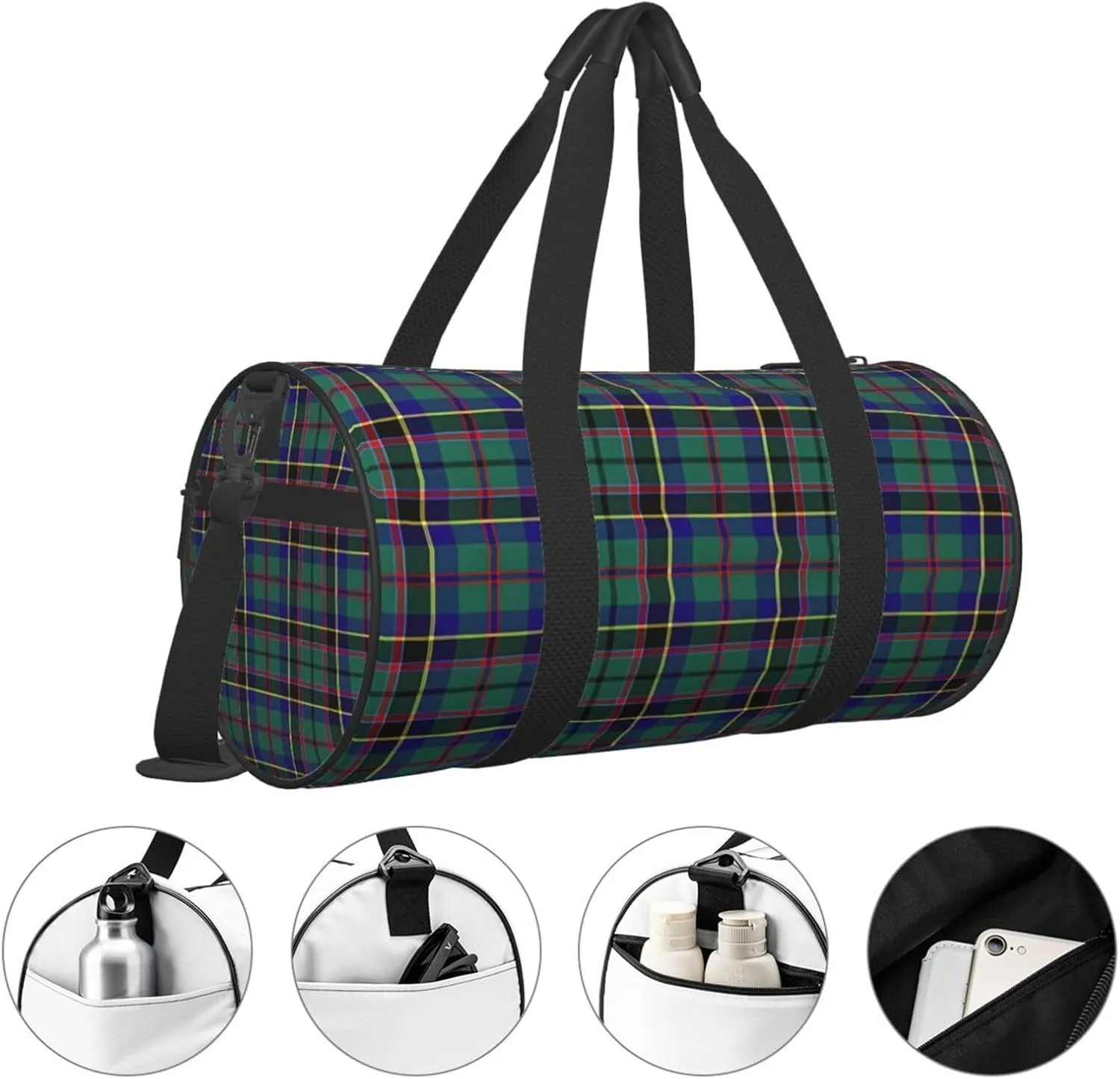 Green Tartan Round Travel Duffel Bag Large Capacity Gym Sports Bags for Hiking Vacation Trips
