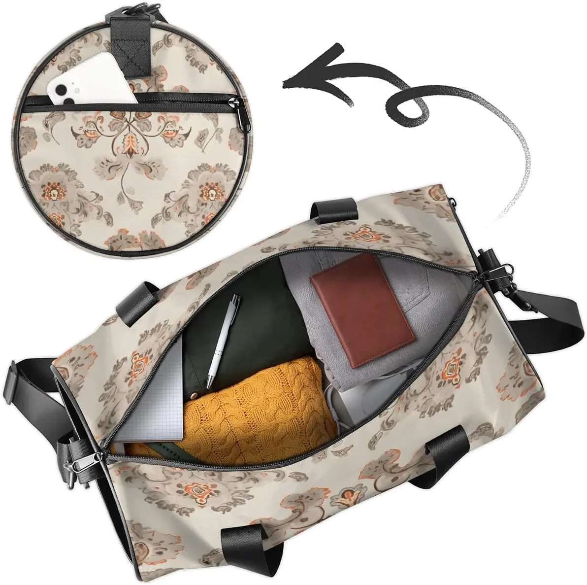 Gym Bags for Men Women Elegant Ethnic Flowers Sports Duffel Bags Carry On Travel Duffle Bag with Detachable Adjustable Shoulder Strap Overnight Weekender Bag