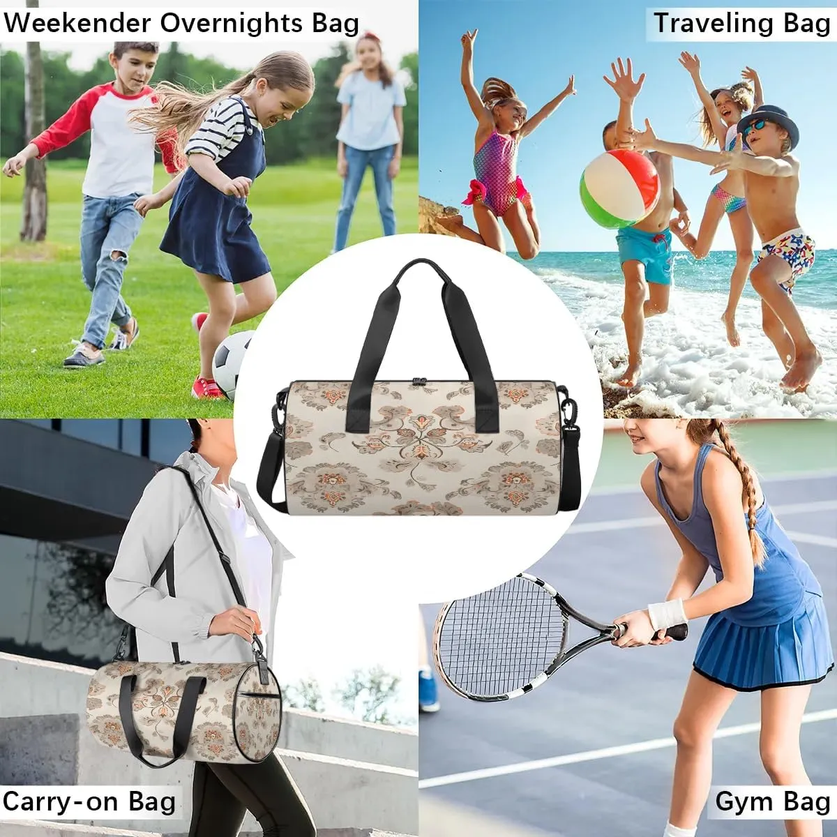 Gym Bags for Men Women Elegant Ethnic Flowers Sports Duffel Bags Carry On Travel Duffle Bag with Detachable Adjustable Shoulder Strap Overnight Weekender Bag