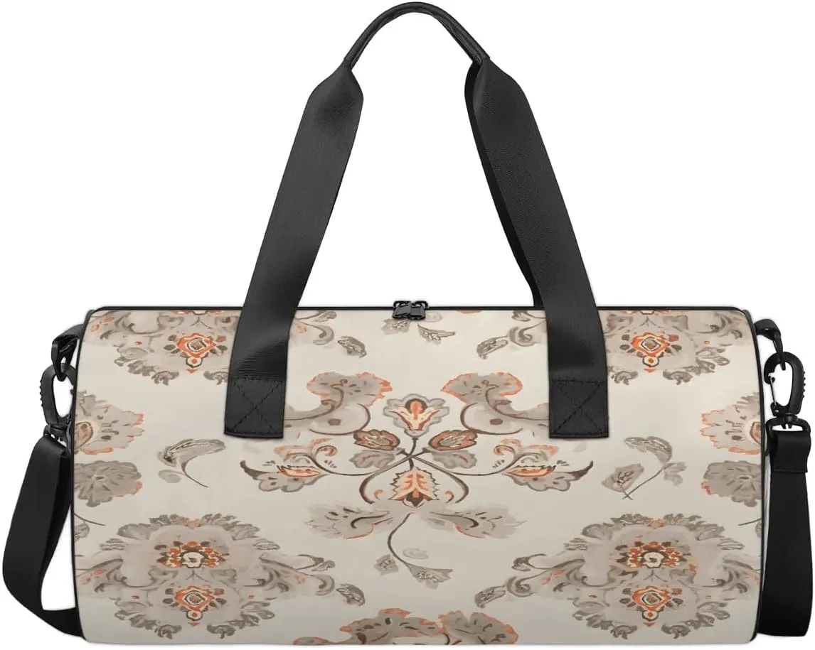 Gym Bags for Men Women Elegant Ethnic Flowers Sports Duffel Bags Carry On Travel Duffle Bag with Detachable Adjustable Shoulder Strap Overnight Weekender Bag