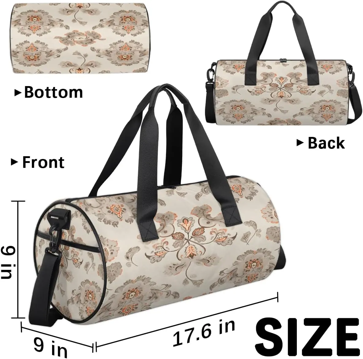 Gym Bags for Men Women Elegant Ethnic Flowers Sports Duffel Bags Carry On Travel Duffle Bag with Detachable Adjustable Shoulder Strap Overnight Weekender Bag