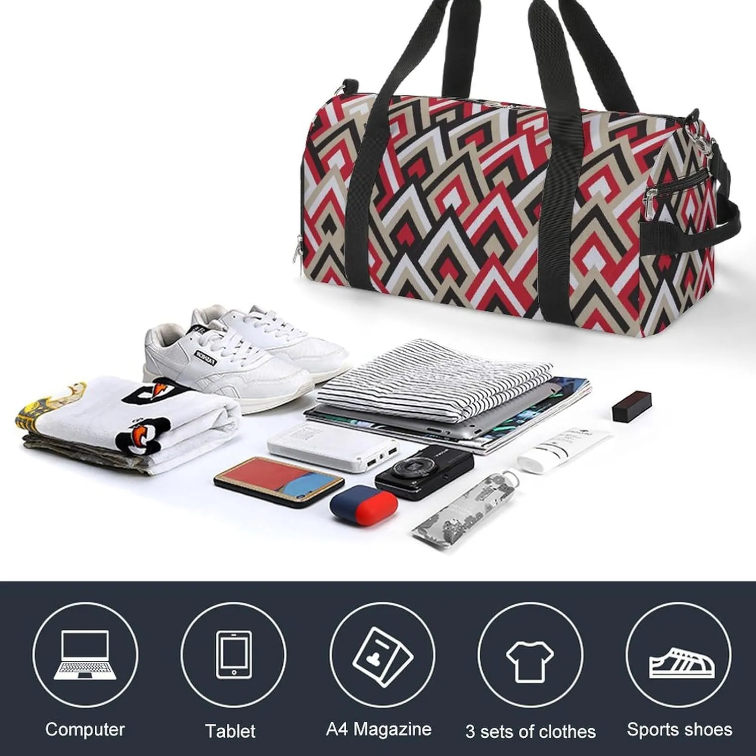 Gym Duffel Bag with Shoe Compartment Wet Pocket, Triangular Graphic Travel Bag for Men Women