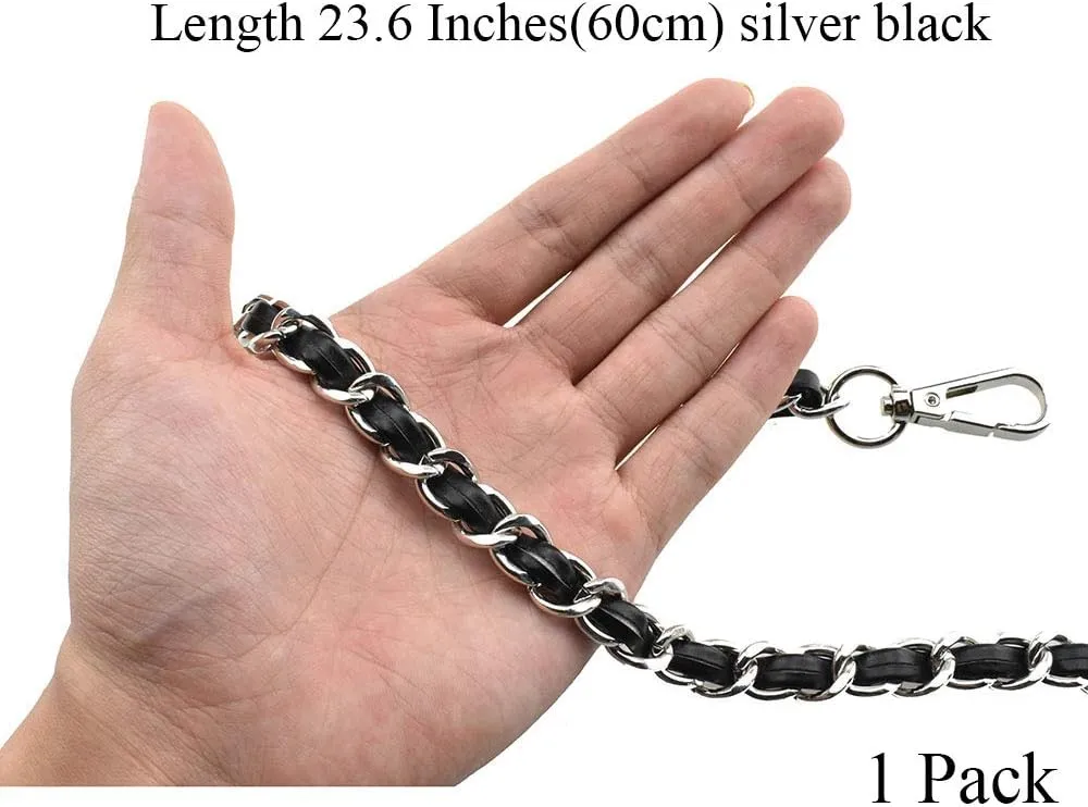 HAHIYO Metal Plus Synthetic Leather Purse Chain Strap Length 23.6 Inch Silver Black for Shoulder Cross Body Sling Purse Handbag Clutch Replacement Comfortable 0.47 Inch Wide 5mm Extra Thick 1 Pack