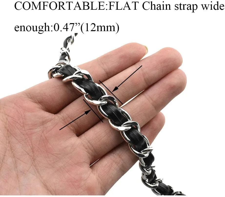 HAHIYO Metal Plus Synthetic Leather Purse Chain Strap Length 23.6 Inch Silver Black for Shoulder Cross Body Sling Purse Handbag Clutch Replacement Comfortable 0.47 Inch Wide 5mm Extra Thick 1 Pack