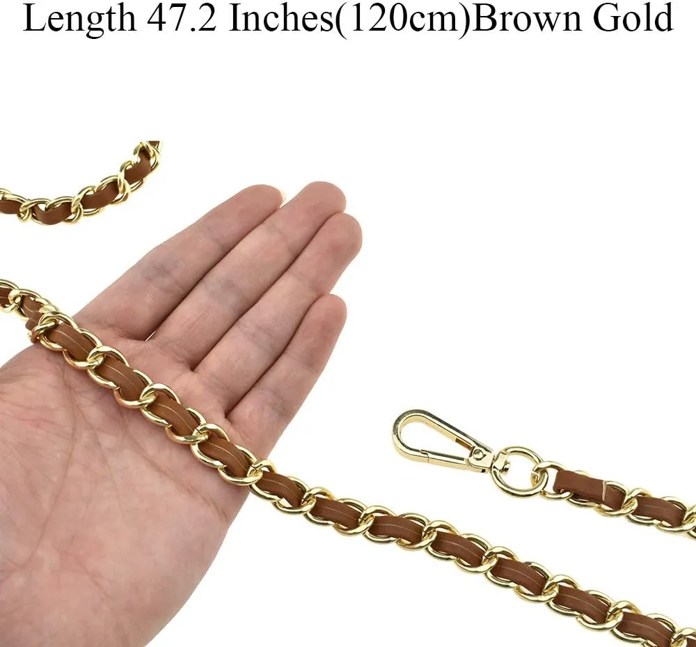 HAHIYO Metal Plus Synthetic Leather Purse Chain Strap Length 47.2 Inches Brown Gold for Shoulder Cross Body Sling Purse Handbag Clutch Replacement Comfortable 0.47 Inches Wide 5mm Extra Thick 1 Pack