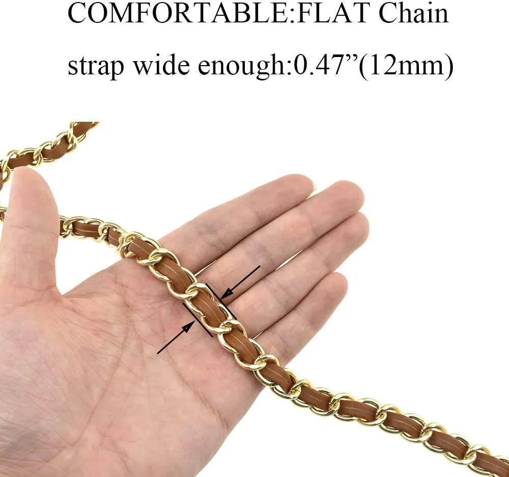 HAHIYO Metal Plus Synthetic Leather Purse Chain Strap Length 47.2 Inches Brown Gold for Shoulder Cross Body Sling Purse Handbag Clutch Replacement Comfortable 0.47 Inches Wide 5mm Extra Thick 1 Pack