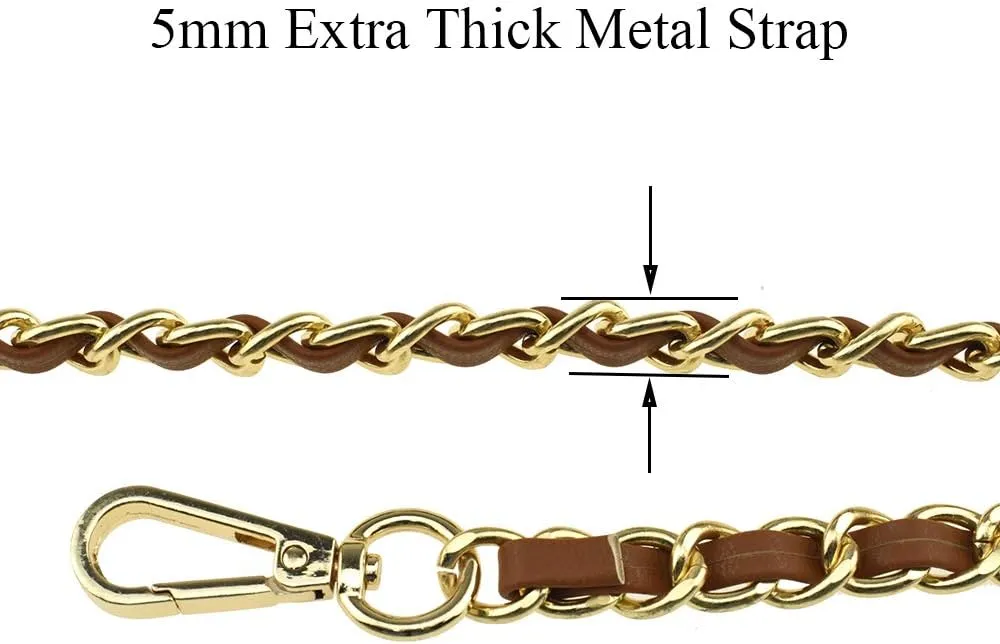 HAHIYO Metal Plus Synthetic Leather Purse Chain Strap Length 47.2 Inches Brown Gold for Shoulder Cross Body Sling Purse Handbag Clutch Replacement Comfortable 0.47 Inches Wide 5mm Extra Thick 1 Pack