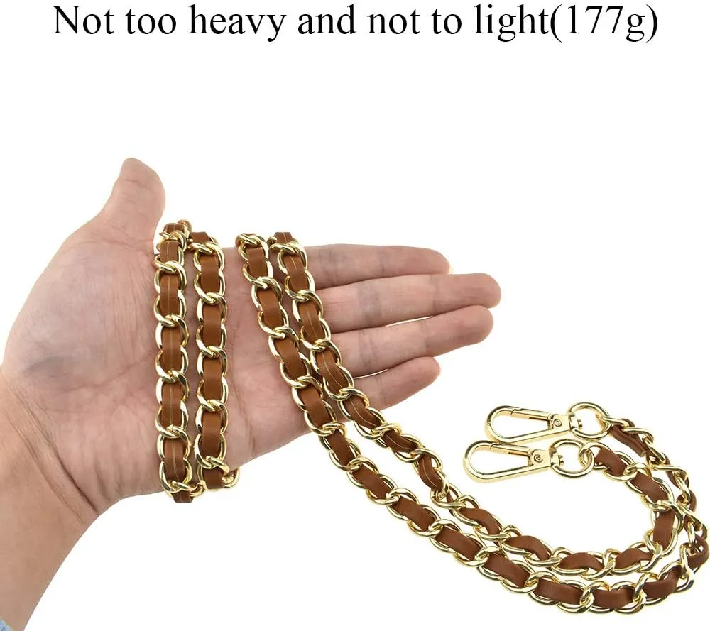 HAHIYO Metal Plus Synthetic Leather Purse Chain Strap Length 47.2 Inches Brown Gold for Shoulder Cross Body Sling Purse Handbag Clutch Replacement Comfortable 0.47 Inches Wide 5mm Extra Thick 1 Pack