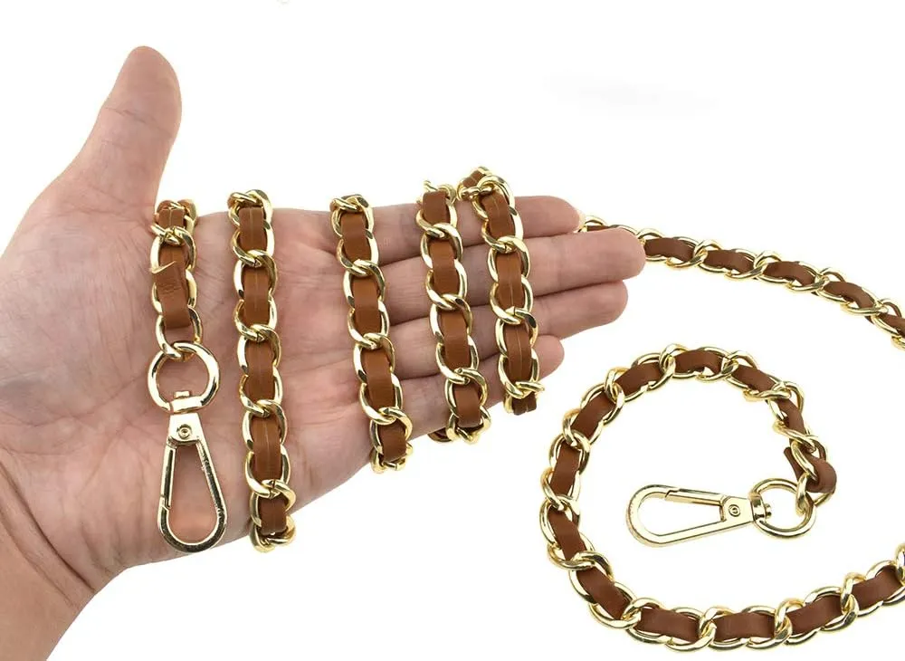 HAHIYO Metal Plus Synthetic Leather Purse Chain Strap Length 55.1 Inches Brown Gold for Shoulder Cross Body Sling Purse Handbag Clutch Replacement Comfortable 0.47 Inches Wide 5mm Extra Thick 1 Pack