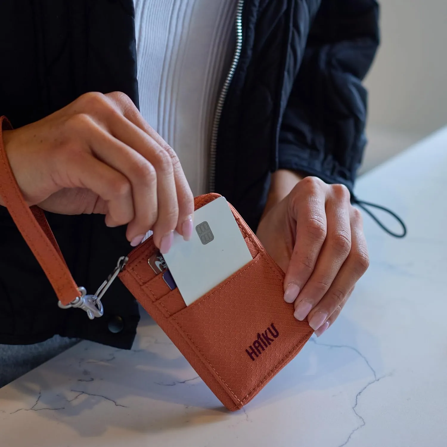 HAIKU Sprout Wallet, Lightweight Small Wristlet Wallet with Zippered Pouch, RFID Pockets, and Removeable Wrist Strap, Rustic Clay