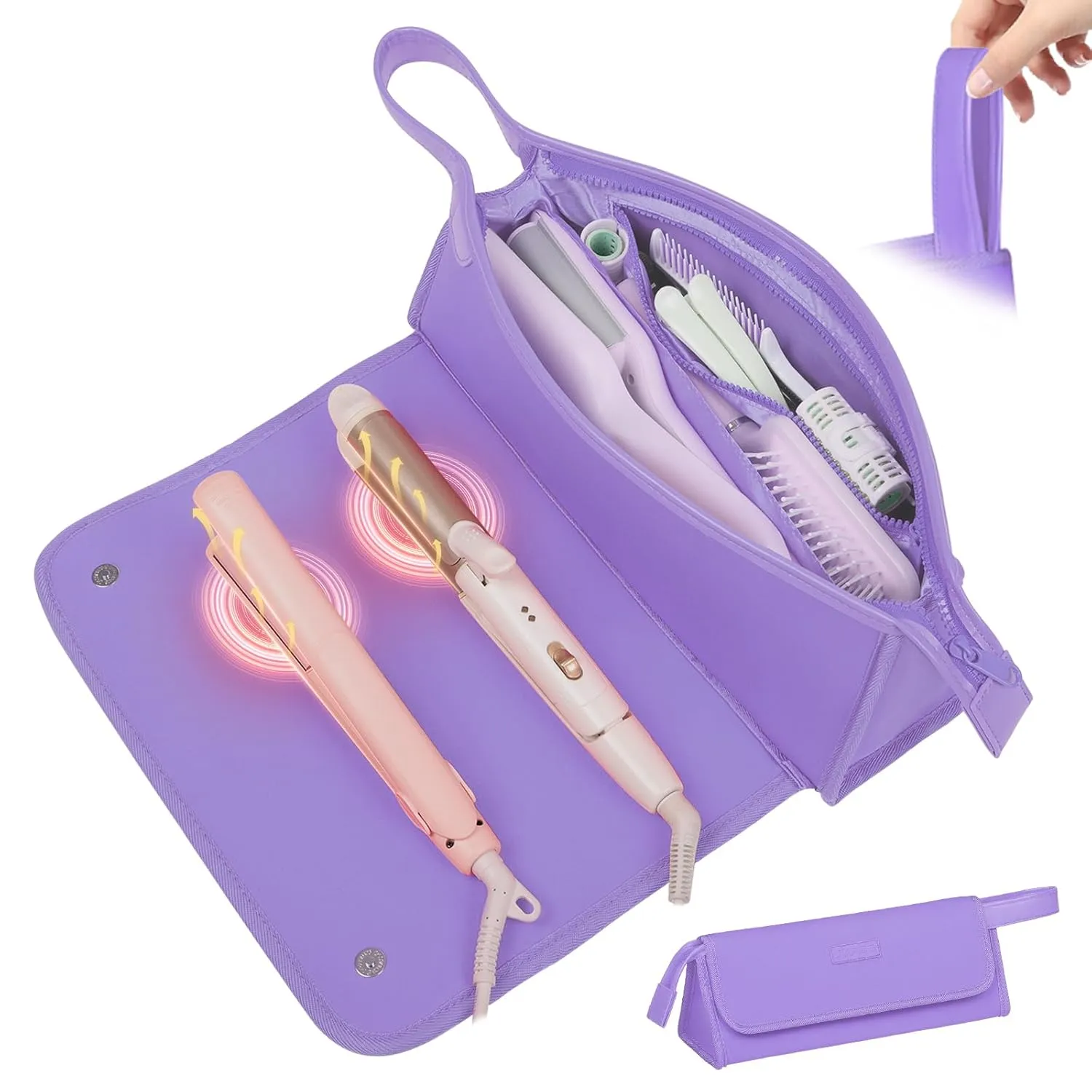 Hair Tools Travel Bag and Heat Resistant Mat, 2 in 1 Portable Organizer Hair Travel Case for Curling Iron, Hair Straightener, Flat Irons, PU Hangable Handle, Neoprene (Purple)