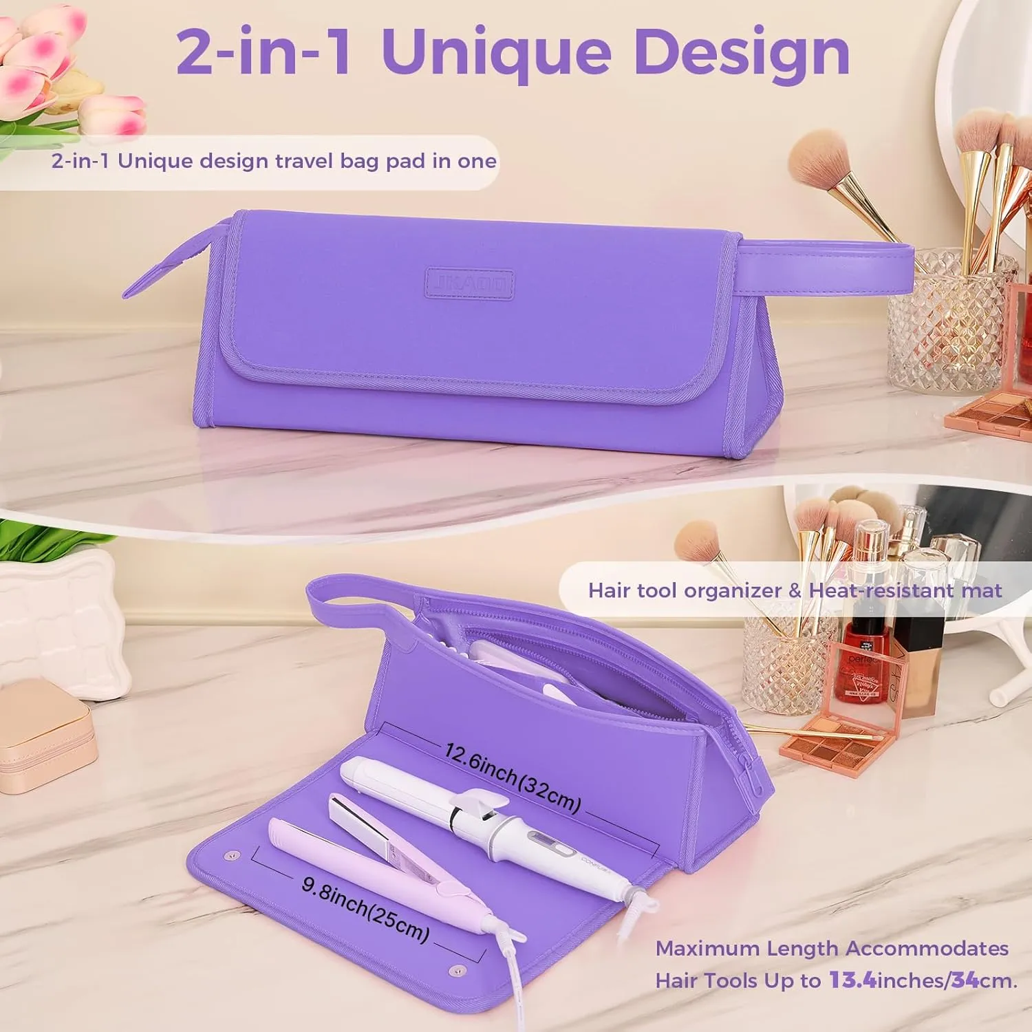 Hair Tools Travel Bag and Heat Resistant Mat, 2 in 1 Portable Organizer Hair Travel Case for Curling Iron, Hair Straightener, Flat Irons, PU Hangable Handle, Neoprene (Purple)