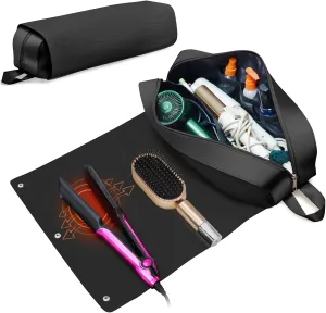Hair Tools Travel Bag, Upgraded Large Travel Bag with Heat Resistant Mat, 2-in-1 Design Hair Tool Organizer Bag for Curling Iron, Hair Dryer, Straighteners, Skincare, Best Travel Essentials (Black)