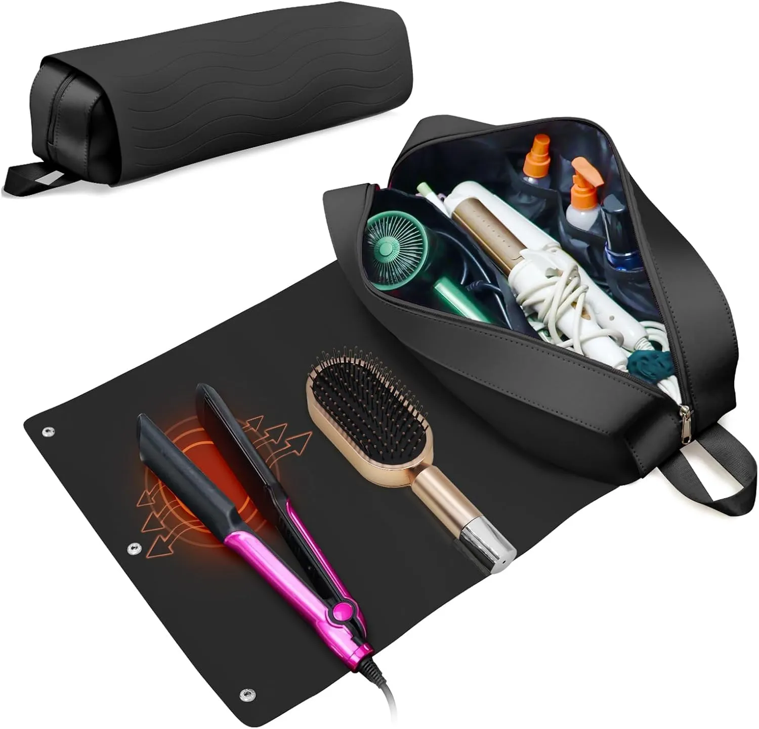 Hair Tools Travel Bag, Upgraded Large Travel Bag with Heat Resistant Mat, 2-in-1 Design Hair Tool Organizer Bag for Curling Iron, Hair Dryer, Straighteners, Skincare, Best Travel Essentials (Black)