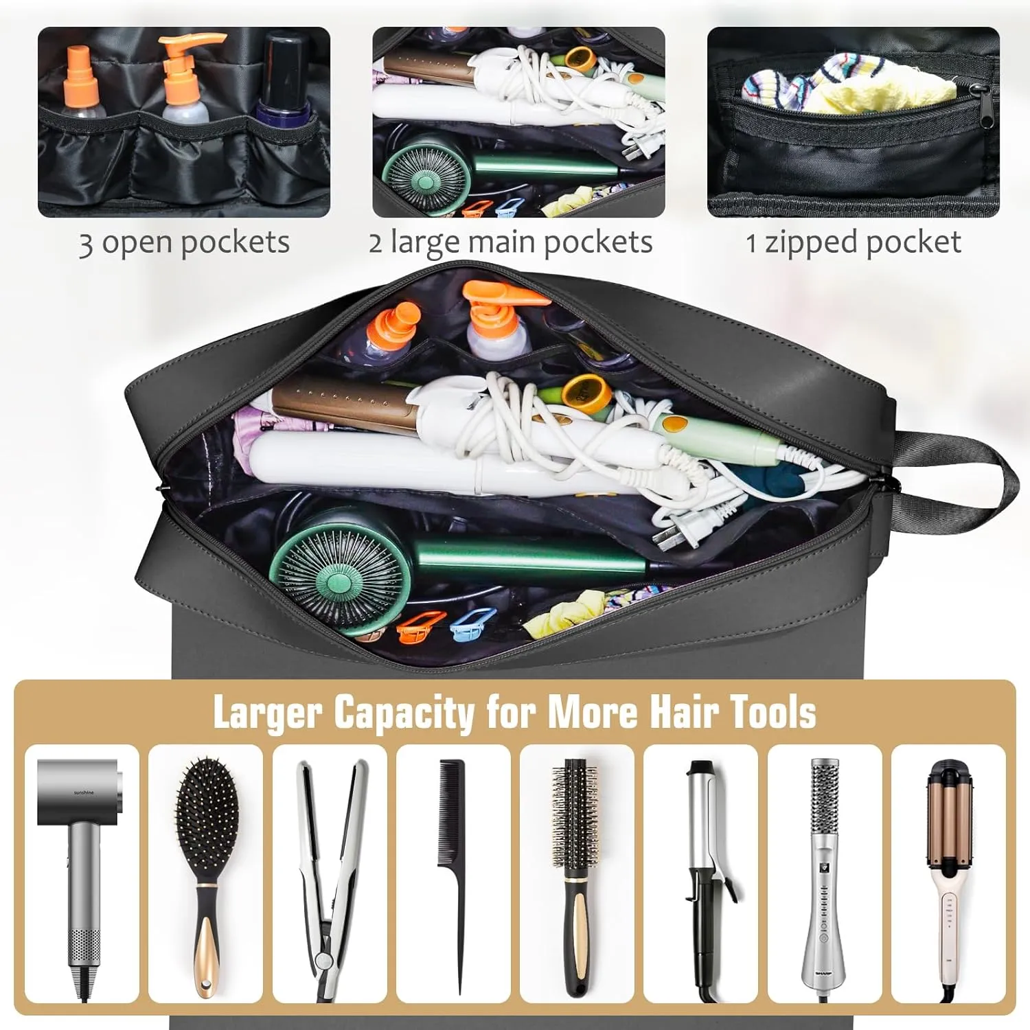 Hair Tools Travel Bag, Upgraded Large Travel Bag with Heat Resistant Mat, 2-in-1 Design Hair Tool Organizer Bag for Curling Iron, Hair Dryer, Straighteners, Skincare, Best Travel Essentials (Black)