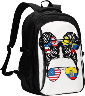 Half American Half Ecuadorian Women Ecuador Flag Travel Backpacks Casual Backpack Large Capacity Laptop Rucksack Luggage Daypacks with USB Charging Port Multi-Pockets Bags for Hiking