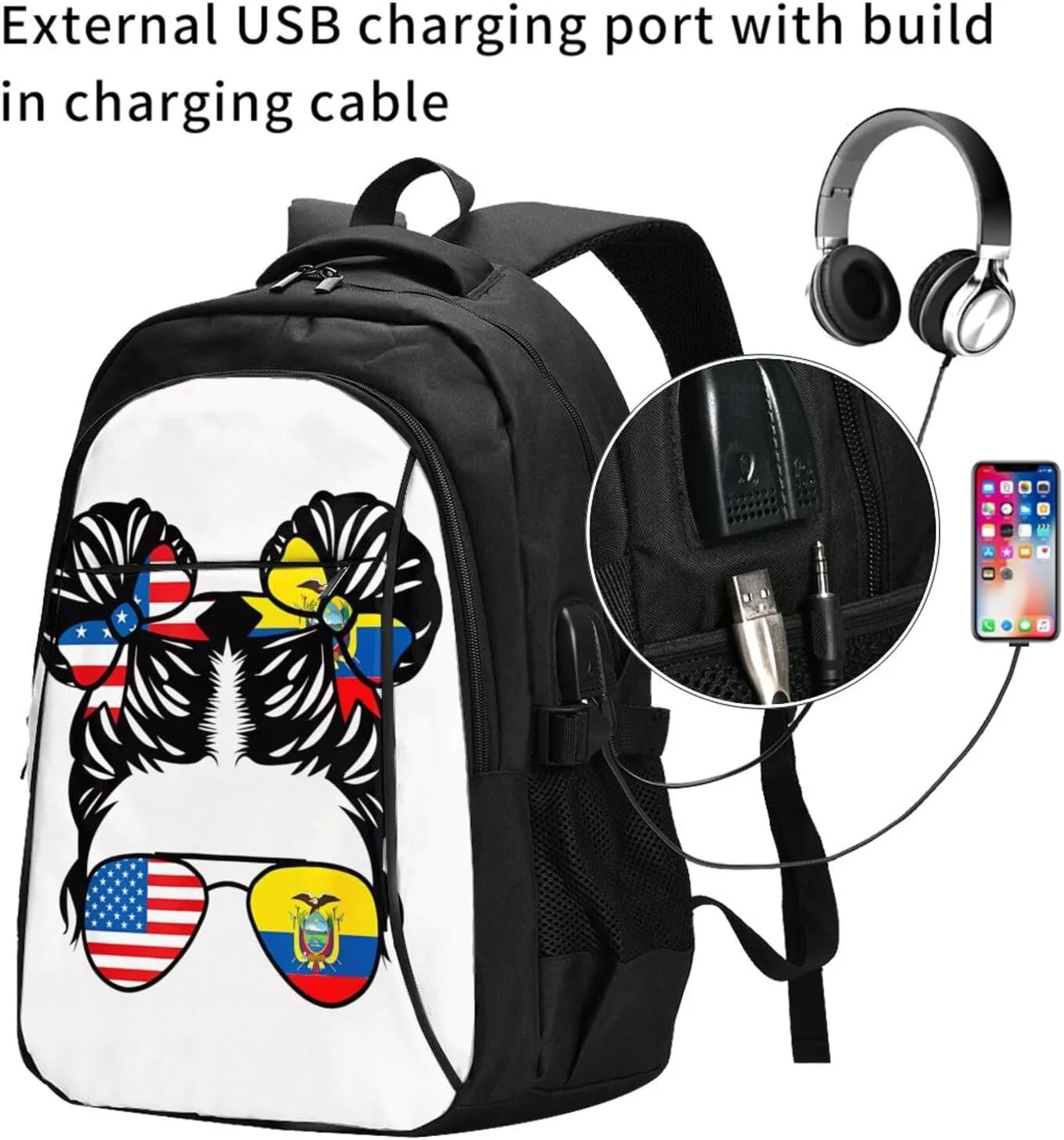 Half American Half Ecuadorian Women Ecuador Flag Travel Backpacks Casual Backpack Large Capacity Laptop Rucksack Luggage Daypacks with USB Charging Port Multi-Pockets Bags for Hiking