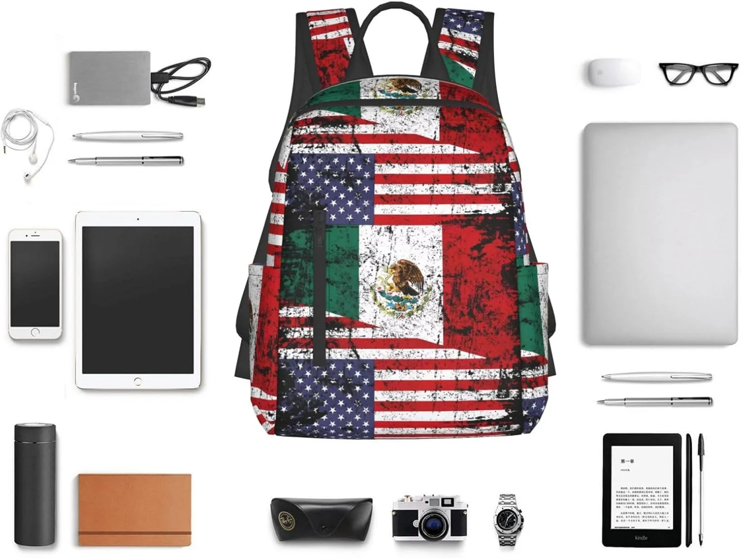 Half American Half Mexican Flag Travel Backpacks Casual Laptop Backpack Sport Rucksack Large Capacity Daypack Multi-Pockets Adjustable Strap Bag for Working Hiking