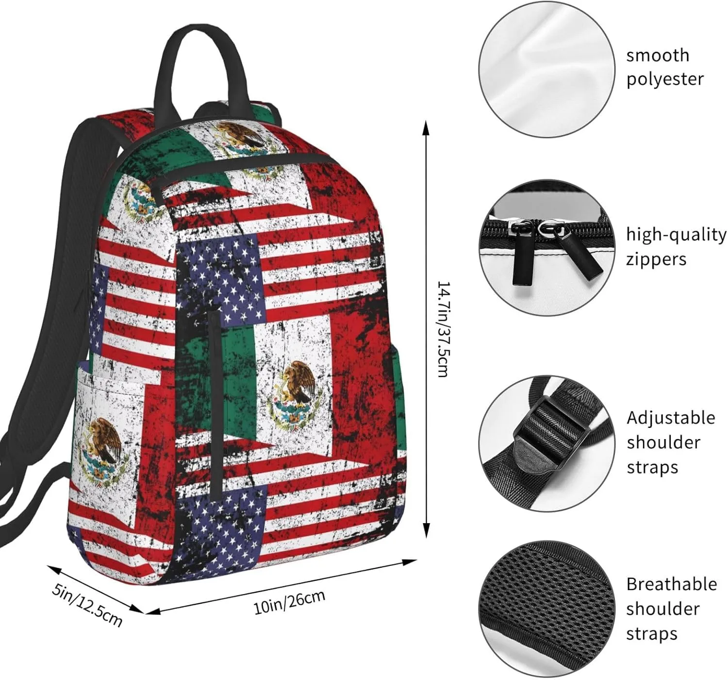 Half American Half Mexican Flag Travel Backpacks Casual Laptop Backpack Sport Rucksack Large Capacity Daypack Multi-Pockets Adjustable Strap Bag for Working Hiking