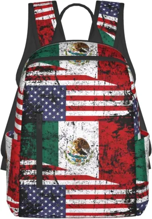 Half American Half Mexican Flag Travel Backpacks Casual Laptop Backpack Sport Rucksack Large Capacity Daypack Multi-Pockets Adjustable Strap Bag for Working Hiking