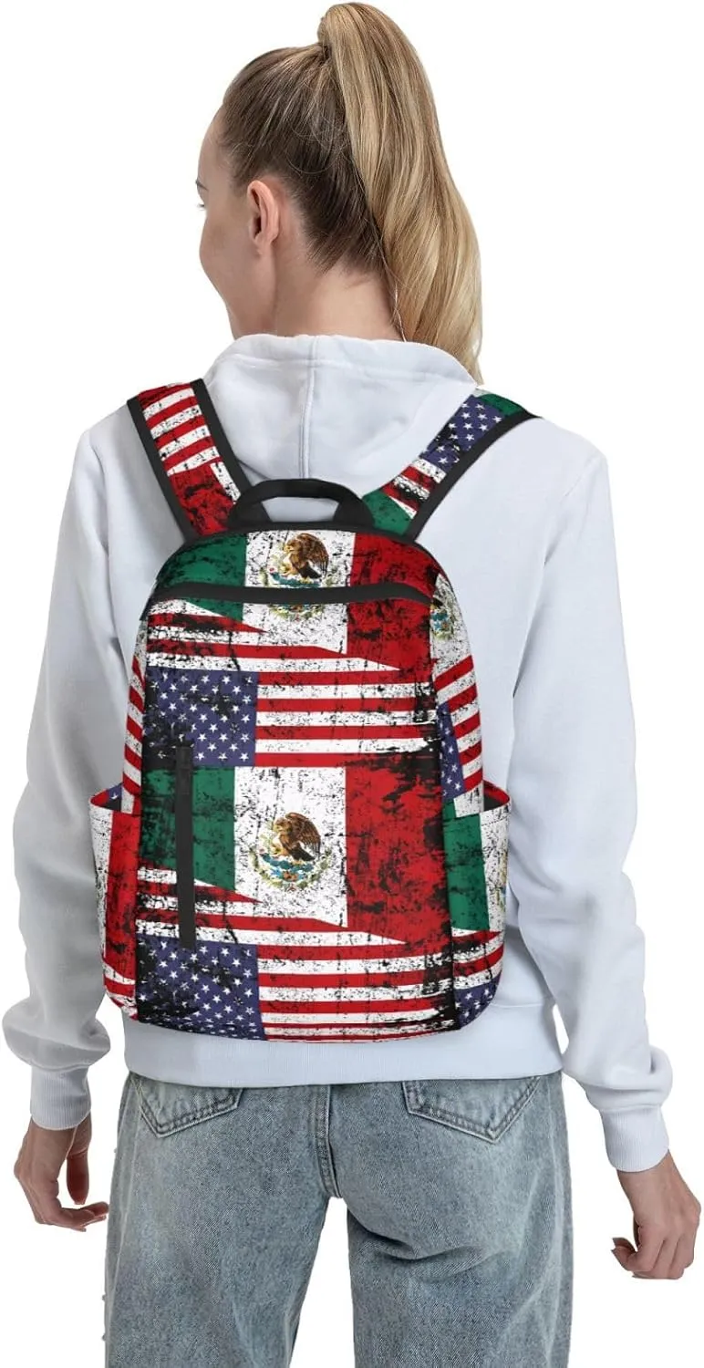 Half American Half Mexican Flag Travel Backpacks Casual Laptop Backpack Sport Rucksack Large Capacity Daypack Multi-Pockets Adjustable Strap Bag for Working Hiking