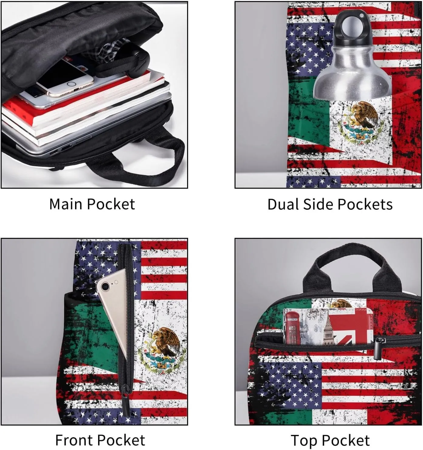Half American Half Mexican Flag Travel Backpacks Casual Laptop Backpack Sport Rucksack Large Capacity Daypack Multi-Pockets Adjustable Strap Bag for Working Hiking