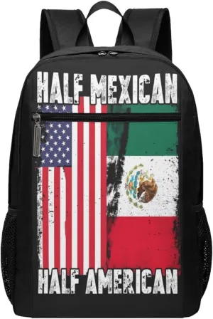 Half Mexican Half American Mexico Flag Casual Backpacks Sports Backpack Large Capacity Travel Rucksack Laptop Daypack with Multi-Pockets Adjustable Strap Work Bag for Hiking