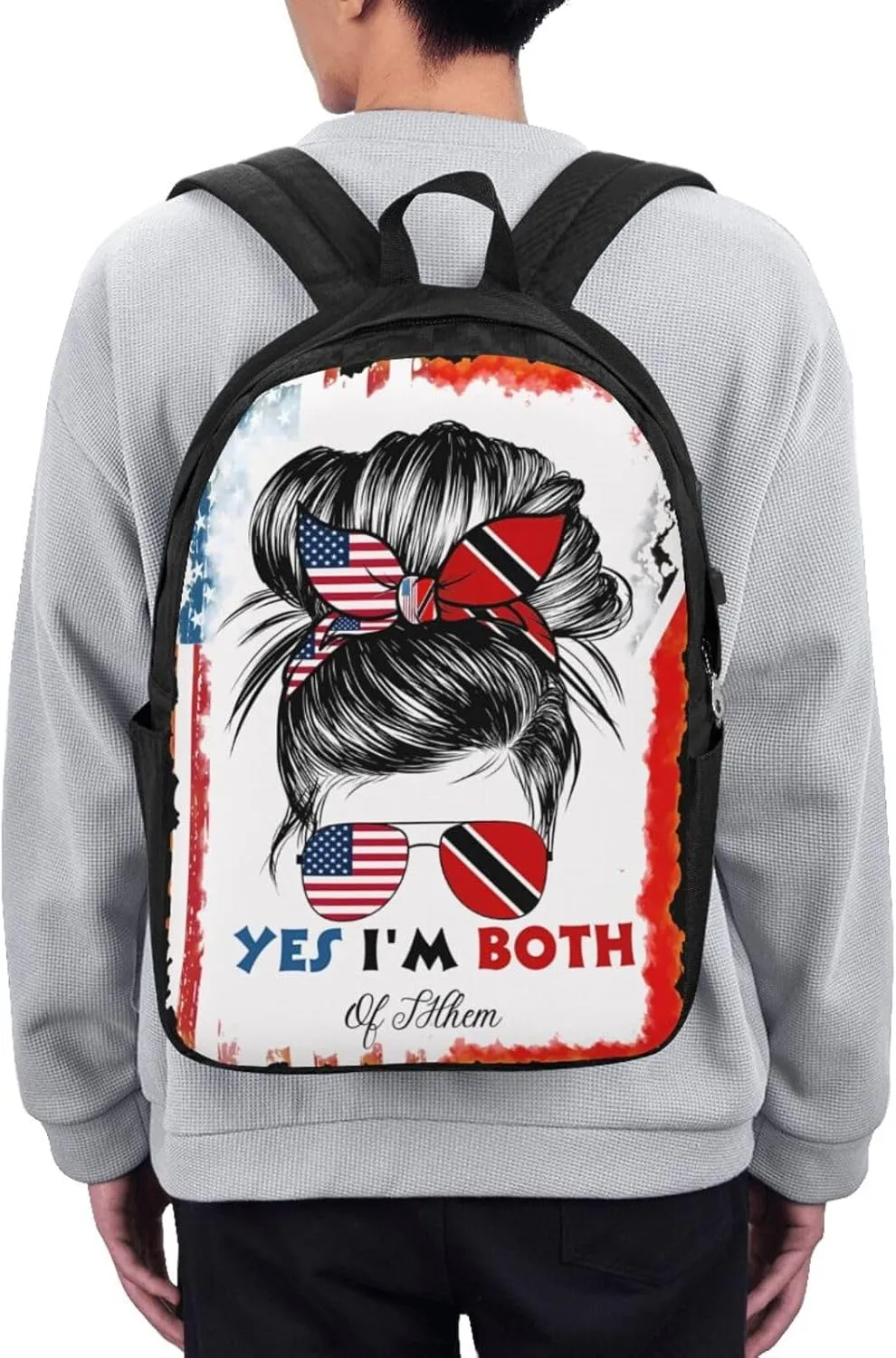 Half Trinidadian American Flag Trinidad Messy Hair Sunglasses Laptop Backpacks Travel Backpack Casual Business Daypack Sport Rucksack Computer Bag Fits up to 17 Inch Notebook with USB Port