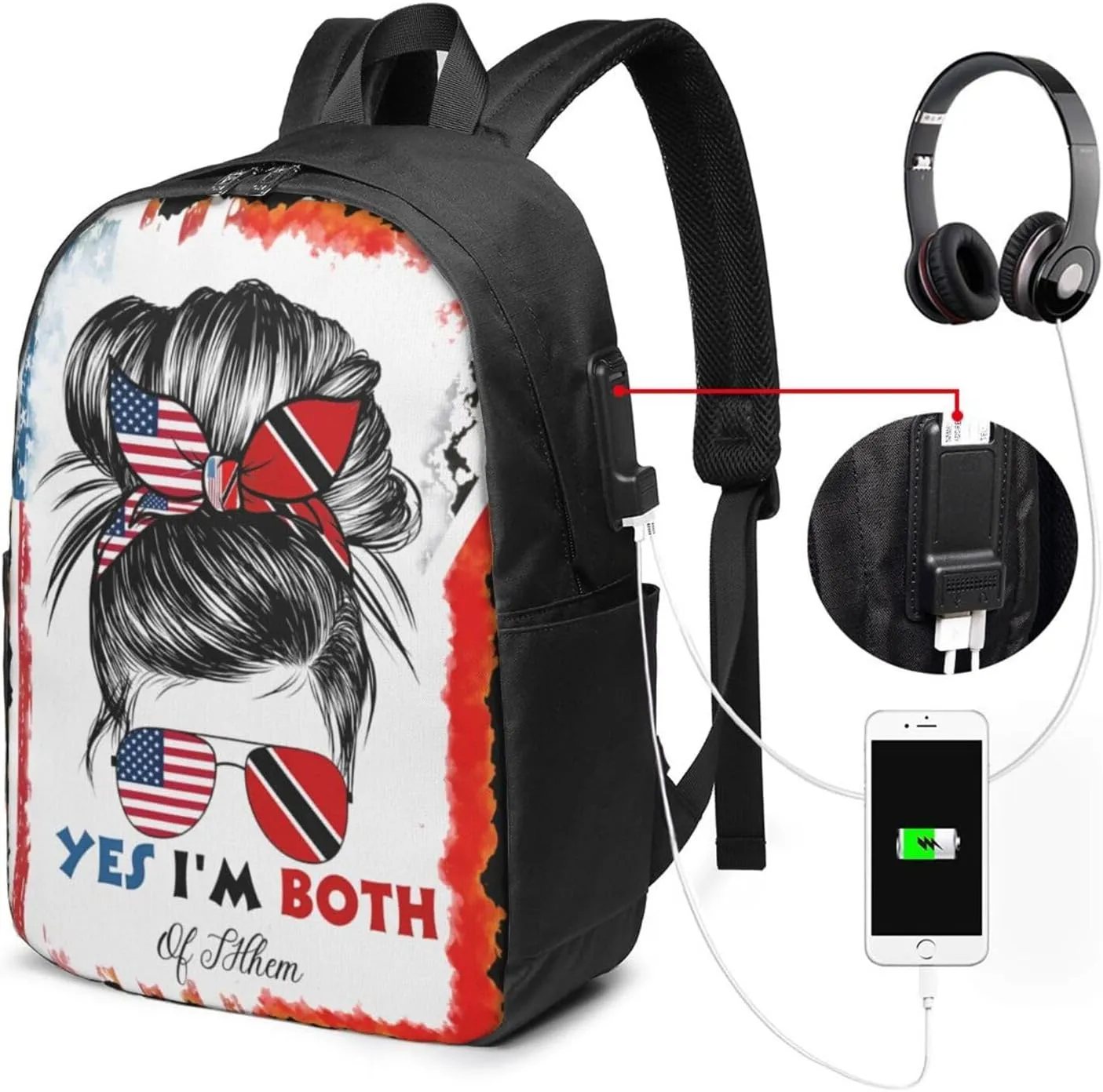Half Trinidadian American Flag Trinidad Messy Hair Sunglasses Laptop Backpacks Travel Backpack Casual Business Daypack Sport Rucksack Computer Bag Fits up to 17 Inch Notebook with USB Port