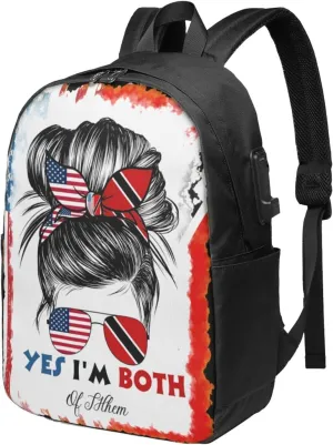 Half Trinidadian American Flag Trinidad Messy Hair Sunglasses Laptop Backpacks Travel Backpack Casual Business Daypack Sport Rucksack Computer Bag Fits up to 17 Inch Notebook with USB Port