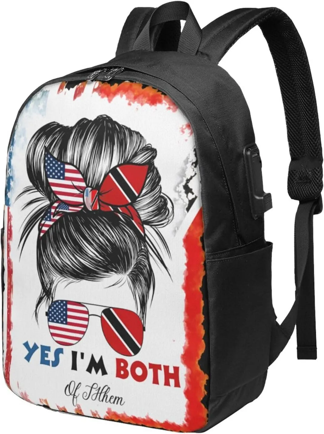 Half Trinidadian American Flag Trinidad Messy Hair Sunglasses Laptop Backpacks Travel Backpack Casual Business Daypack Sport Rucksack Computer Bag Fits up to 17 Inch Notebook with USB Port