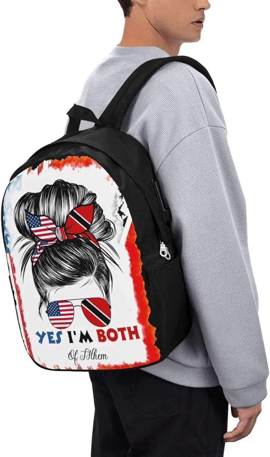 Half Trinidadian American Flag Trinidad Messy Hair Sunglasses Laptop Backpacks Travel Backpack Casual Business Daypack Sport Rucksack Computer Bag Fits up to 17 Inch Notebook with USB Port