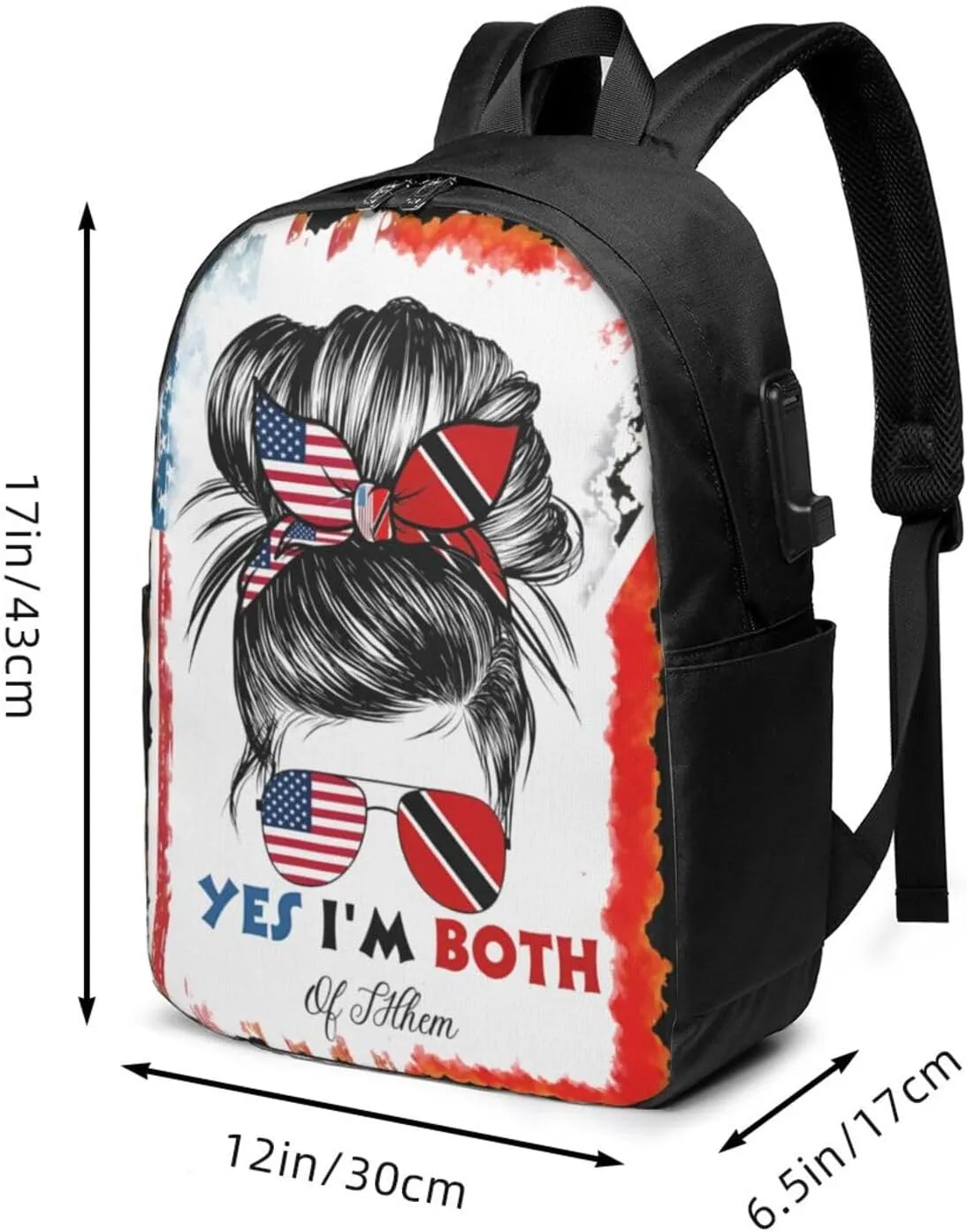 Half Trinidadian American Flag Trinidad Messy Hair Sunglasses Laptop Backpacks Travel Backpack Casual Business Daypack Sport Rucksack Computer Bag Fits up to 17 Inch Notebook with USB Port